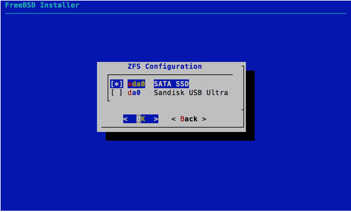 ZFS Configuration - Select Disks - FreeBSD 11.0 Installer