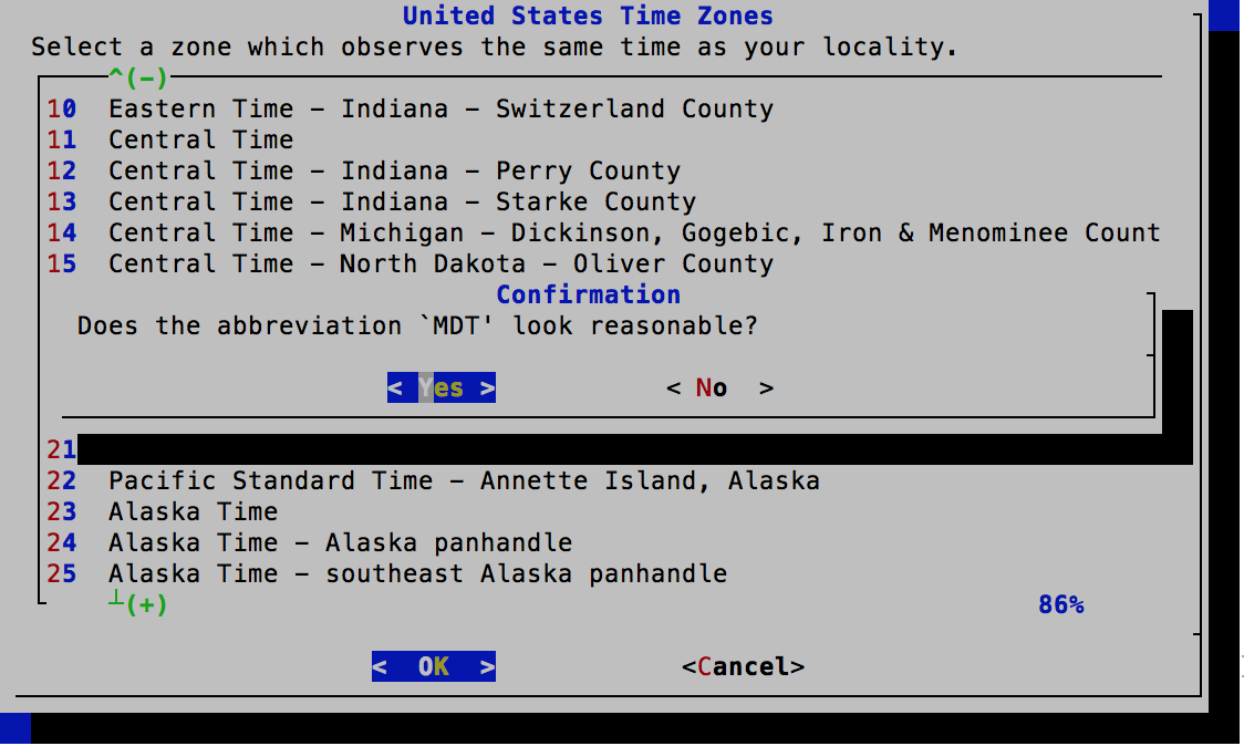 Time Zone Selector - Confirm Selection - FreeBSD 11.0 Installer