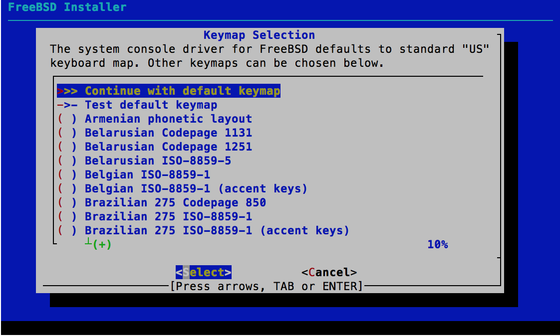 Keymap Selection - FreeBSD 11.0 Installer
