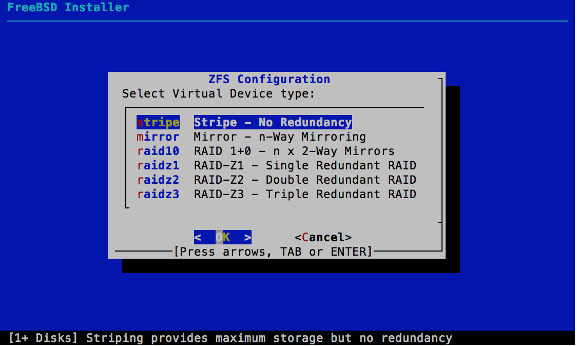 ZFS Configuration - Select vdev type - FreeBSD 11.0 Installer